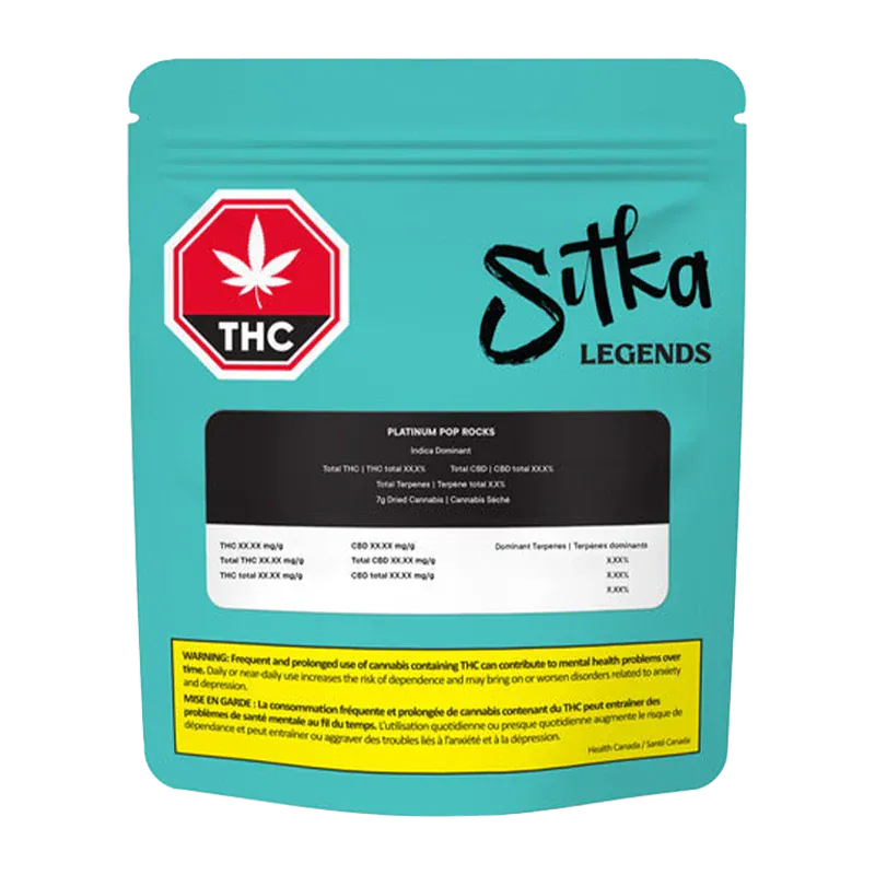 Front-facing shot of the teal Sitka Legends Platinum Pop Rocks pouch with a red THC symbol and black product label.