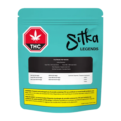 Front-facing shot of the teal Sitka Legends Platinum Pop Rocks pouch with a red THC symbol and black product label.