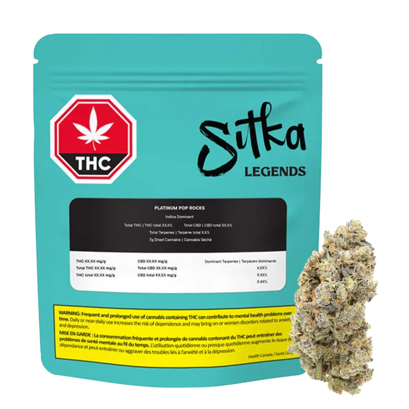 Front-facing shot of a teal Sitka Legends Platinum Pop Rocks pouch with a black label and a cannabis bud positioned to the right.