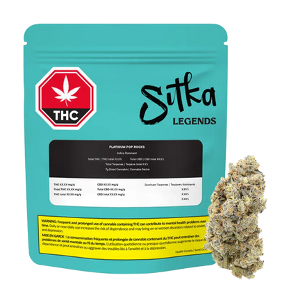 Front-facing shot of a teal Sitka Legends Platinum Pop Rocks pouch with a black label and a cannabis bud positioned to the right.