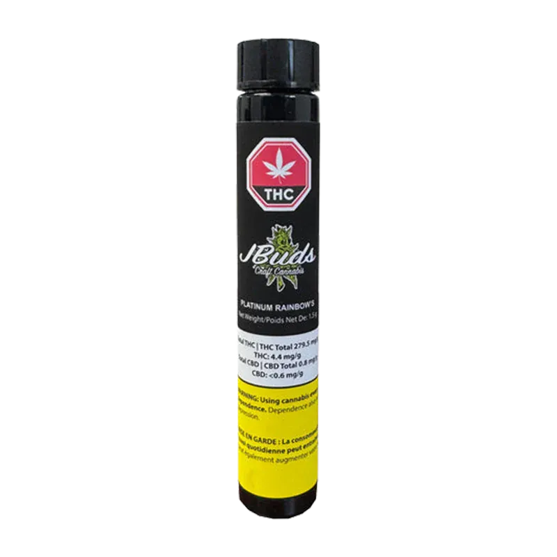 Tall front view of the black tube packaging labeled "Platinum Rainbow's PR 3 x 0.5 g" with a red THC symbol and yellow warning panel.