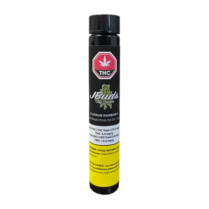 Tall front view of the black tube packaging labeled "Platinum Rainbow's PR 3 x 0.5 g" with a red THC symbol and yellow warning panel.