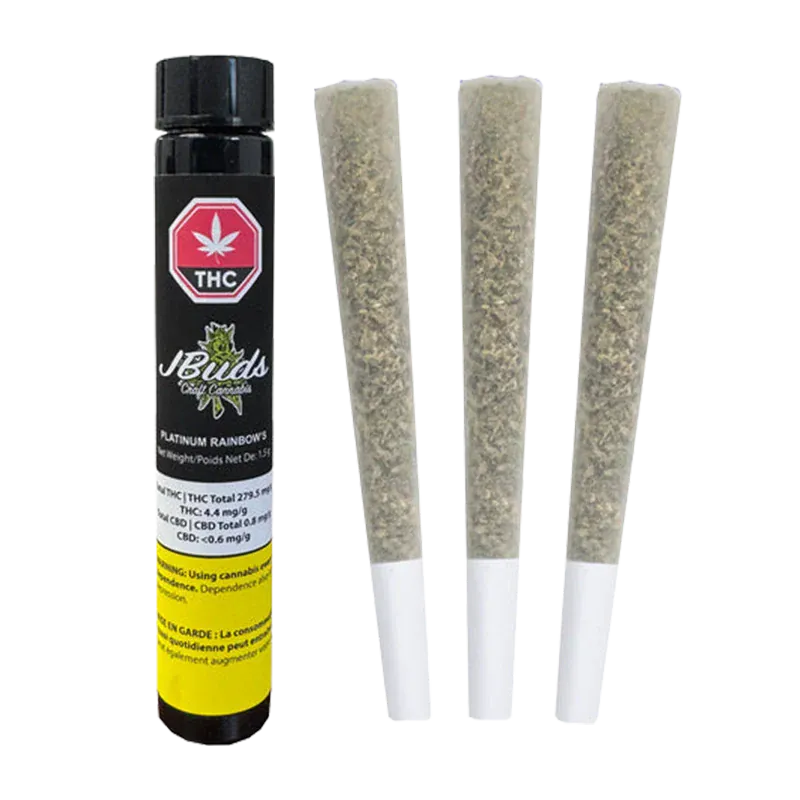 Three pre-rolled joints standing upright beside a black tube labeled Platinum Rainbow's PR 3 x 0.5 g.