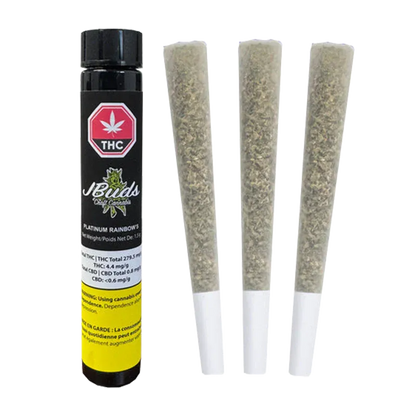 Three pre-rolled joints standing upright beside a black tube labeled Platinum Rainbow's PR 3 x 0.5 g.
