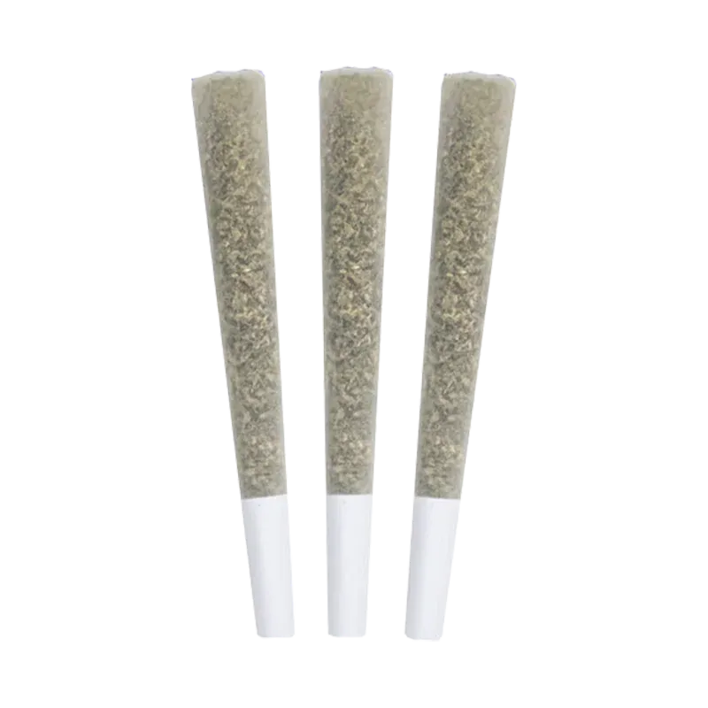 Three pre-rolled cones shown upright in a row against a white background, labeled Platinum Rainbow's PR 3 x 0.5 g.