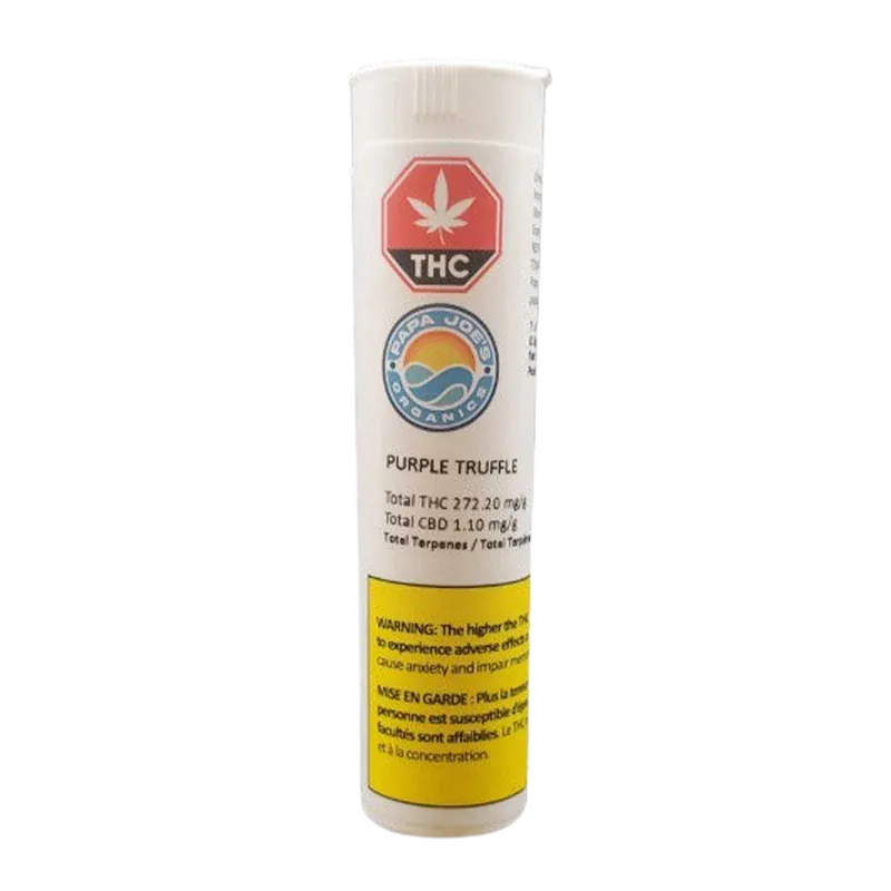 Tall front view of the Purple Truffle PR 3 x 0.5 g white tube with THC and Papa Joe's logos and a yellow warning panel.