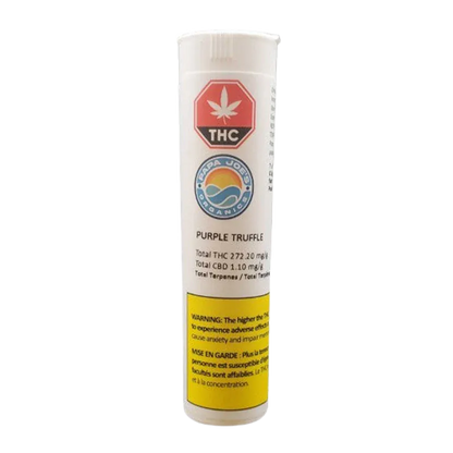 Tall front view of the Purple Truffle PR 3 x 0.5 g white tube with THC and Papa Joe's logos and a yellow warning panel.