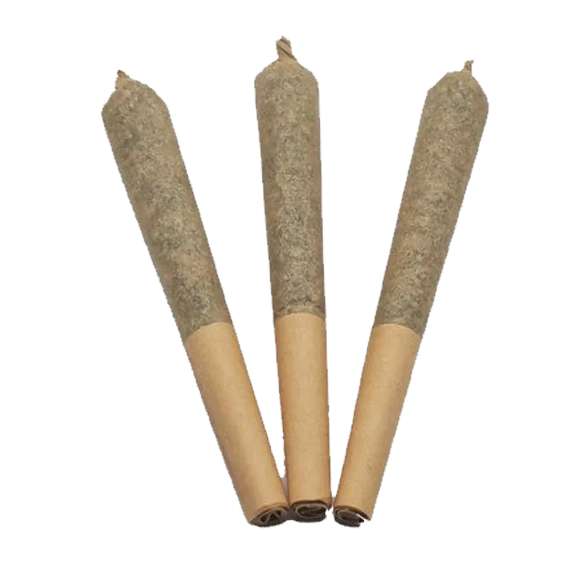 Three pre-rolled joints photographed head-on on white background, labeled Purple Truffle PR 3 x 0.5 g.
