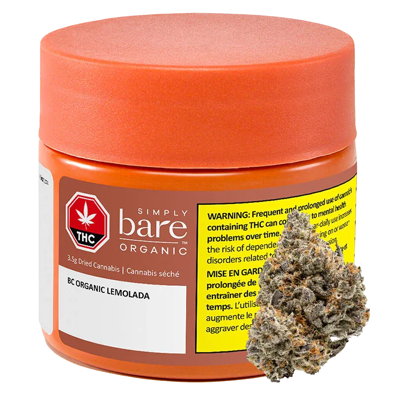 Angled front view of a small orange jar labeled "BC Organic Lemolada" with a yellow warning panel and a cannabis bud shown at the base.