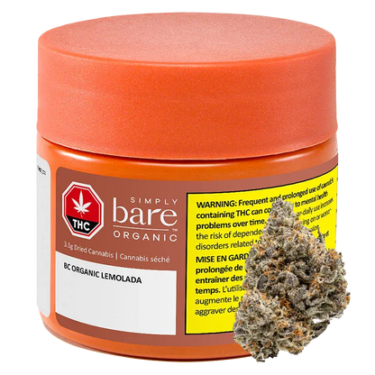 Angled front view of a small orange jar labeled "BC Organic Lemolada" with a yellow warning panel and a cannabis bud shown at the base.