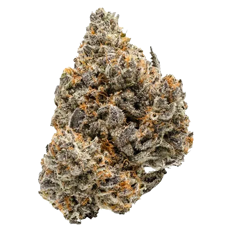 Close-up of a frosty, trichome-covered bud photographed on white background, labeled BC Organic Lemolada.