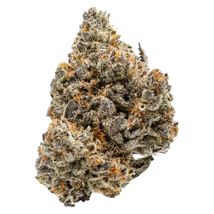 Close-up of a frosty, trichome-covered bud photographed on white background, labeled BC Organic Lemolada.