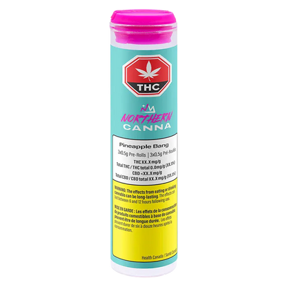 Straight-on view of a teal and yellow tube labeled "Pineapple Bang PR 5 x 0.5 g" with a pink cap and a red THC stop sign logo.
