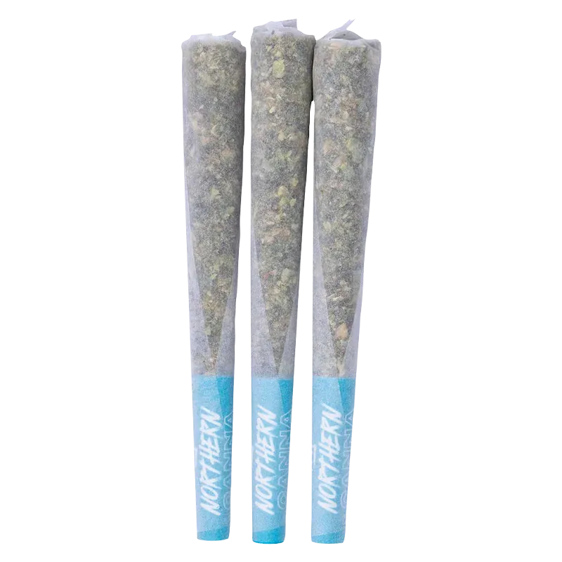 Three upright pre-rolled cones photographed front-on, labeled "Pineapple Bang PR 5 x 0.5 g" with blue filter tips and visible herb texture.