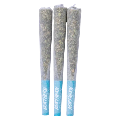 Three upright pre-rolled cones photographed front-on, labeled "Pineapple Bang PR 5 x 0.5 g" with blue filter tips and visible herb texture.
