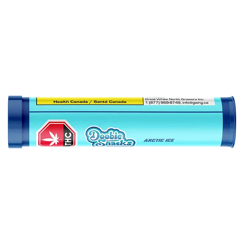 Close-up horizontal view of the bright blue Arctic Ice PR 4 x 0.5 g tube showing the Doobie Snacks logo, THC stop sign, and Health Canada label.