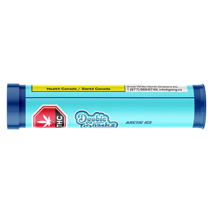 Close-up horizontal view of the bright blue Arctic Ice PR 4 x 0.5 g tube showing the Doobie Snacks logo, THC stop sign, and Health Canada label.