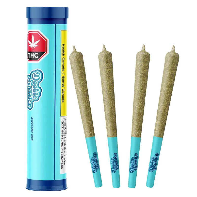 Front-facing image of four pre-rolled joints with blue tips beside a vertical blue tube labeled "Arctic Ice PR 4 x 0.5 g."