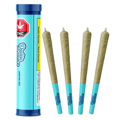 Front-facing image of four pre-rolled joints with blue tips beside a vertical blue tube labeled "Arctic Ice PR 4 x 0.5 g."