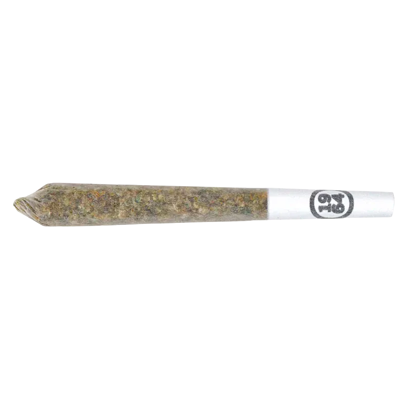 Side view of a pre-rolled joint labeled Kush Mints PR 5 x 0.5 g showing packed herbal contents and a white filter tip with logo.