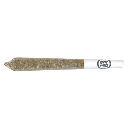Side view of a pre-rolled joint labeled Kush Mints PR 5 x 0.5 g showing packed herbal contents and a white filter tip with logo.