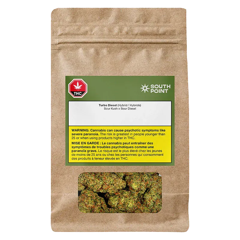 Front-facing kraft pouch showing a clear window of buds and a green label reading South Point Turbo Diesel with a yellow THC warning.