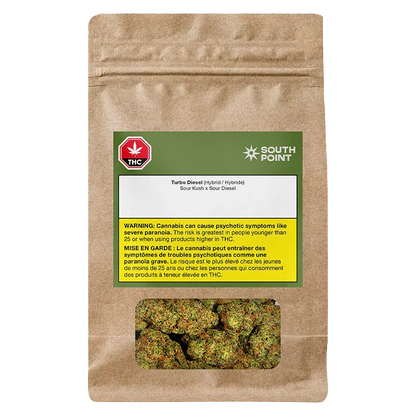 Front-facing kraft pouch showing a clear window of buds and a green label reading South Point Turbo Diesel with a yellow THC warning.