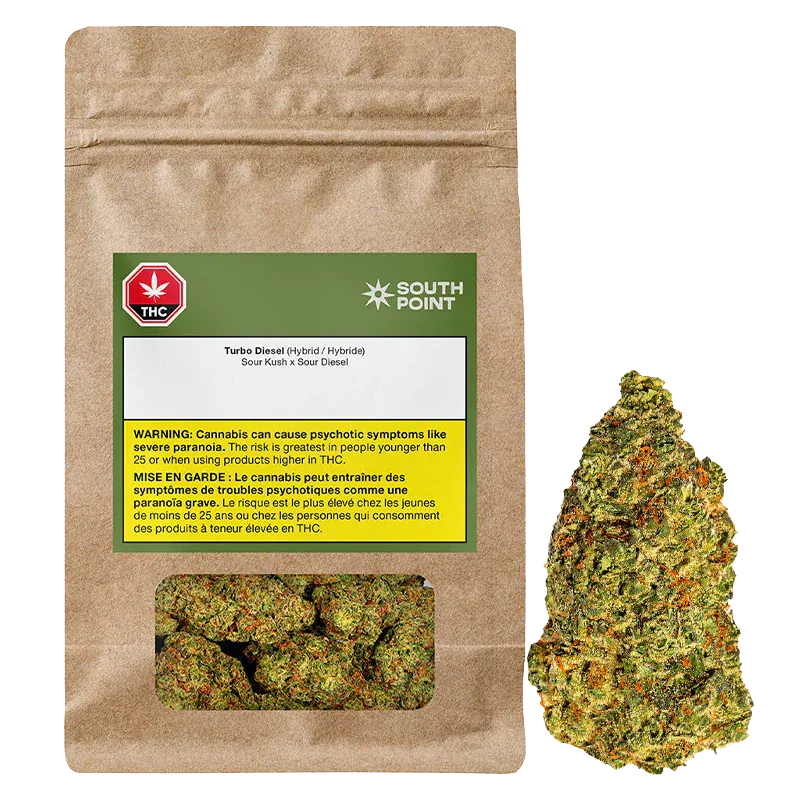 Front-facing kraft pouch with a green South Point Turbo Diesel label and a window showing dense green buds alongside a single close-up bud.