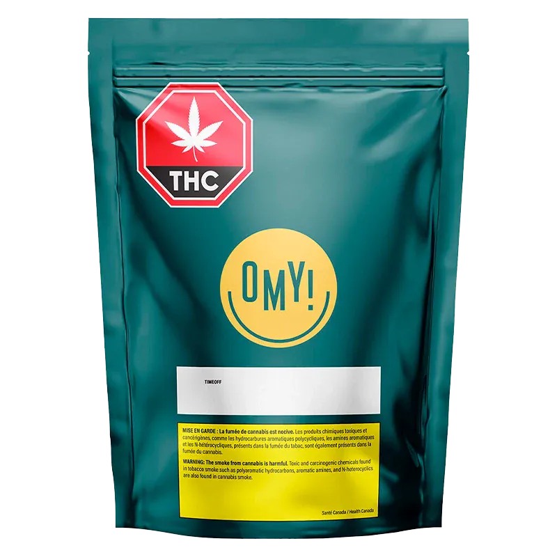 Front-facing shot of the teal resealable pouch labeled TIMEOFF with a yellow OMY! logo, white product panel, and red THC warning badge.