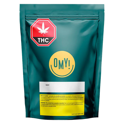 Front-facing shot of the teal resealable pouch labeled TIMEOFF with a yellow OMY! logo, white product panel, and red THC warning badge.