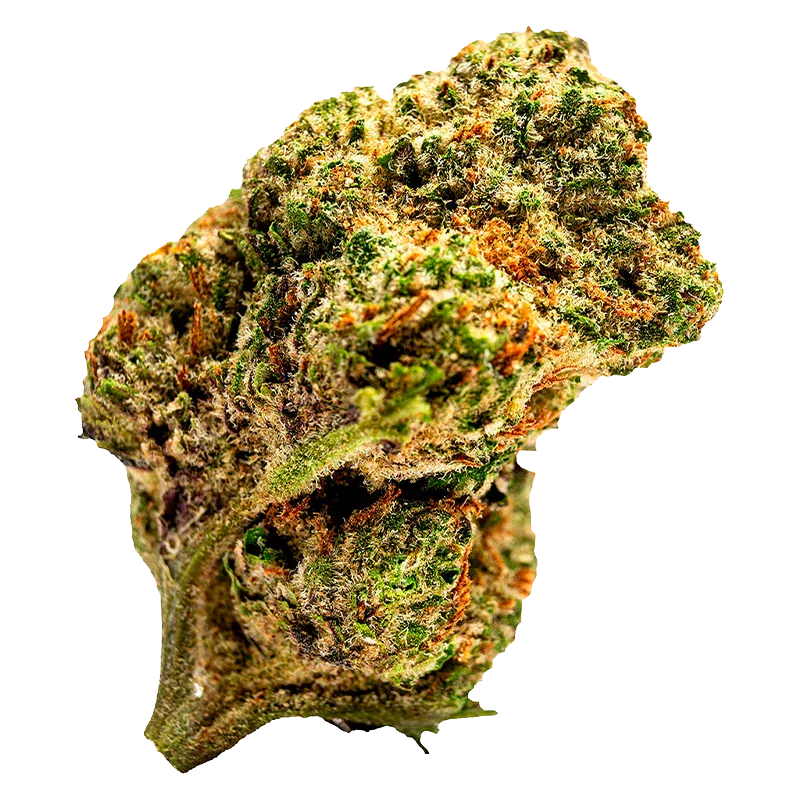 Close-up, top-down view of a dense, trichome-covered TIMEOFF cannabis bud with green and orange hues against a white background.