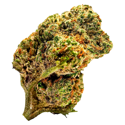 Close-up, top-down view of a dense, trichome-covered TIMEOFF cannabis bud with green and orange hues against a white background.