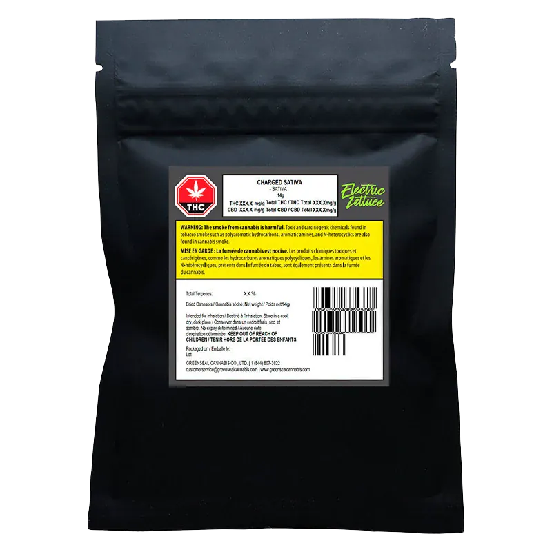 Front-facing shot of the black pouch labeled "Charged" with a centered white product label, yellow warning box, red THC icon, and green "Electric Lettuce" logo.