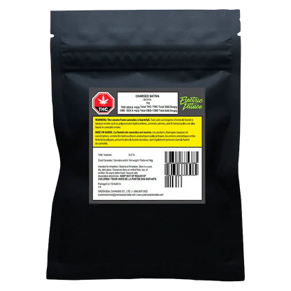 Front-facing shot of the black pouch labeled "Charged" with a centered white product label, yellow warning box, red THC icon, and green "Electric Lettuce" logo.