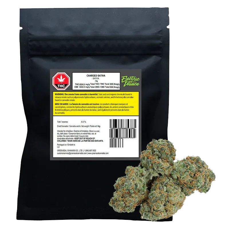 Front view of a black pouch labeled "Charged" by Electric Lettuce with three green, orange-speckled cannabis buds arranged at its base.