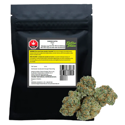 Front view of a black pouch labeled "Charged" by Electric Lettuce with three green, orange-speckled cannabis buds arranged at its base.