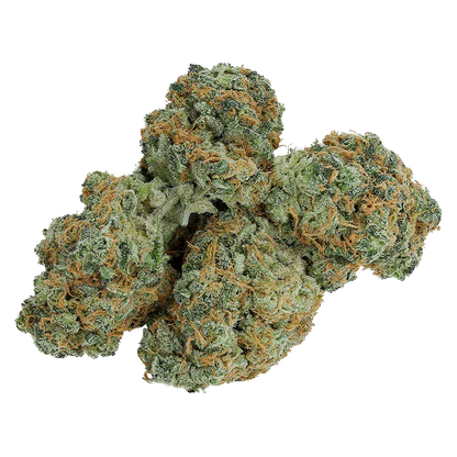 Close-up of a cluster of Charged buds showing frosty green nugs with orange hairs against a white background