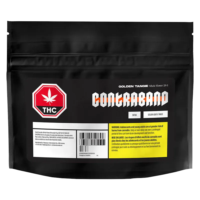 Front-facing shot of the black Contraband Golden Tangie pouch with bold white-orange logo, red THC icon, and a yellow warning panel.