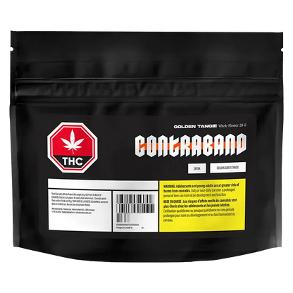 Front-facing shot of the black Contraband Golden Tangie pouch with bold white-orange logo, red THC icon, and a yellow warning panel.