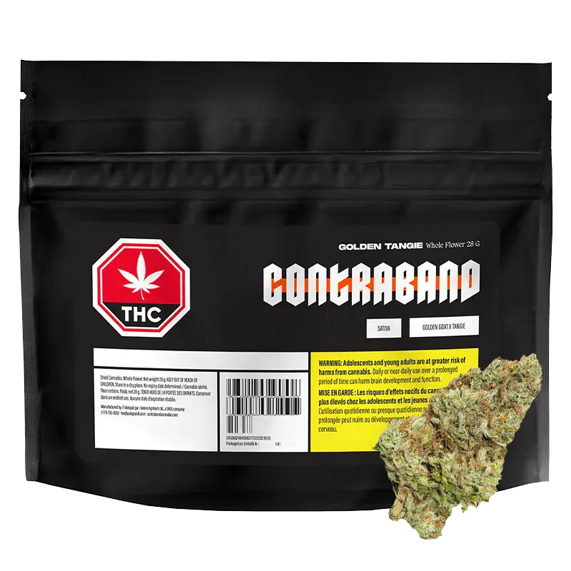 Front-facing shot of the black Contraband pouch labeled Golden Tangie with a THC emblem and a cannabis bud at the lower right.