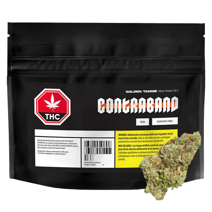 Front-facing shot of the black Contraband pouch labeled Golden Tangie with a THC emblem and a cannabis bud at the lower right.