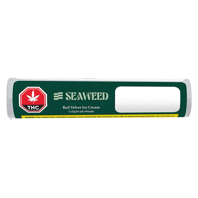 Front-facing view of the Seaweed Red Velvet Ice Cream PR 5 x 0.5 g tube with green label, red THC symbol, and blank white info panel.