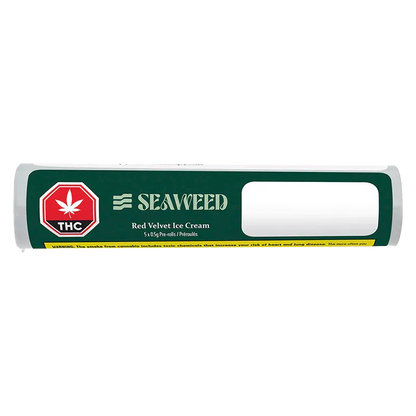 Front-facing view of the Seaweed Red Velvet Ice Cream PR 5 x 0.5 g tube with green label, red THC symbol, and blank white info panel.