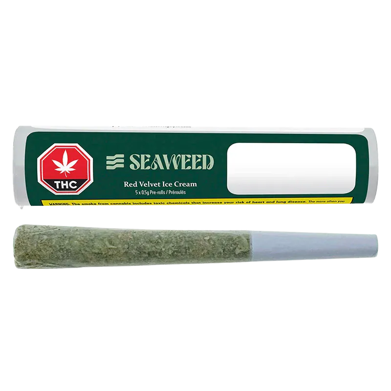 Top-down view of a single pre-roll below its green Seaweed Red Velvet Ice Cream PR 5 x 0.5 g branded tube, shown on a white background.