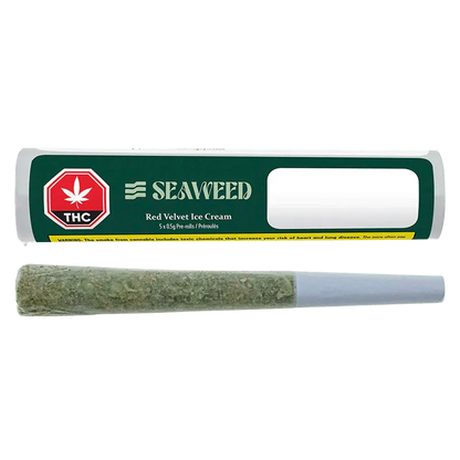 Top-down view of a single pre-roll below its green Seaweed Red Velvet Ice Cream PR 5 x 0.5 g branded tube, shown on a white background.