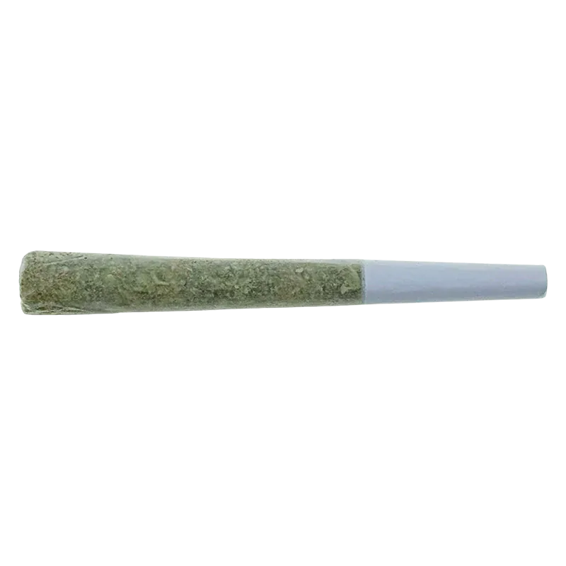 Top-down close-up of a rolled joint with green filling and white paper labeled Red Velvet Ice Cream PR 5 x 0.5 g.