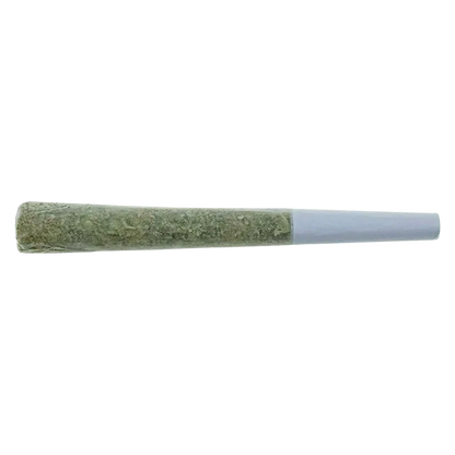 Top-down close-up of a rolled joint with green filling and white paper labeled Red Velvet Ice Cream PR 5 x 0.5 g.