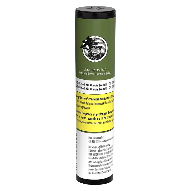 Tall front view of the green and white Skunkcussion PR 3 x 1 g cylindrical tube with logo and yellow warning band.