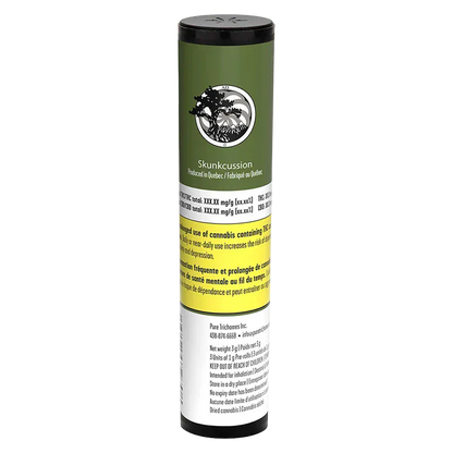 Tall front view of the green and white Skunkcussion PR 3 x 1 g cylindrical tube with logo and yellow warning band.