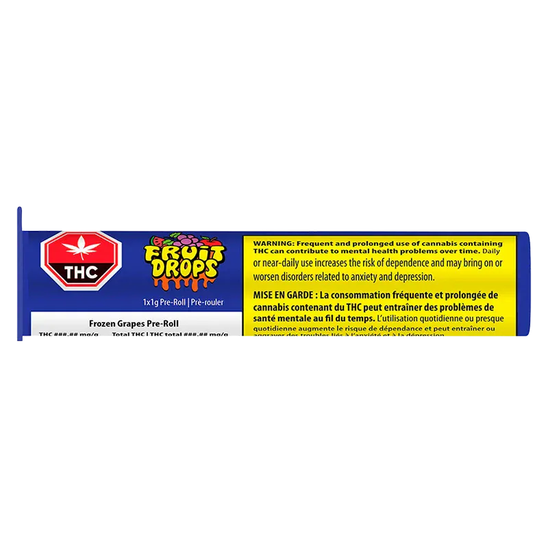 Horizontal label shot of the Frozen Grapes PR 1 x 1 g showing a blue background with Fruit Drops logo, red THC octagon, and a yellow bilingual warning panel.